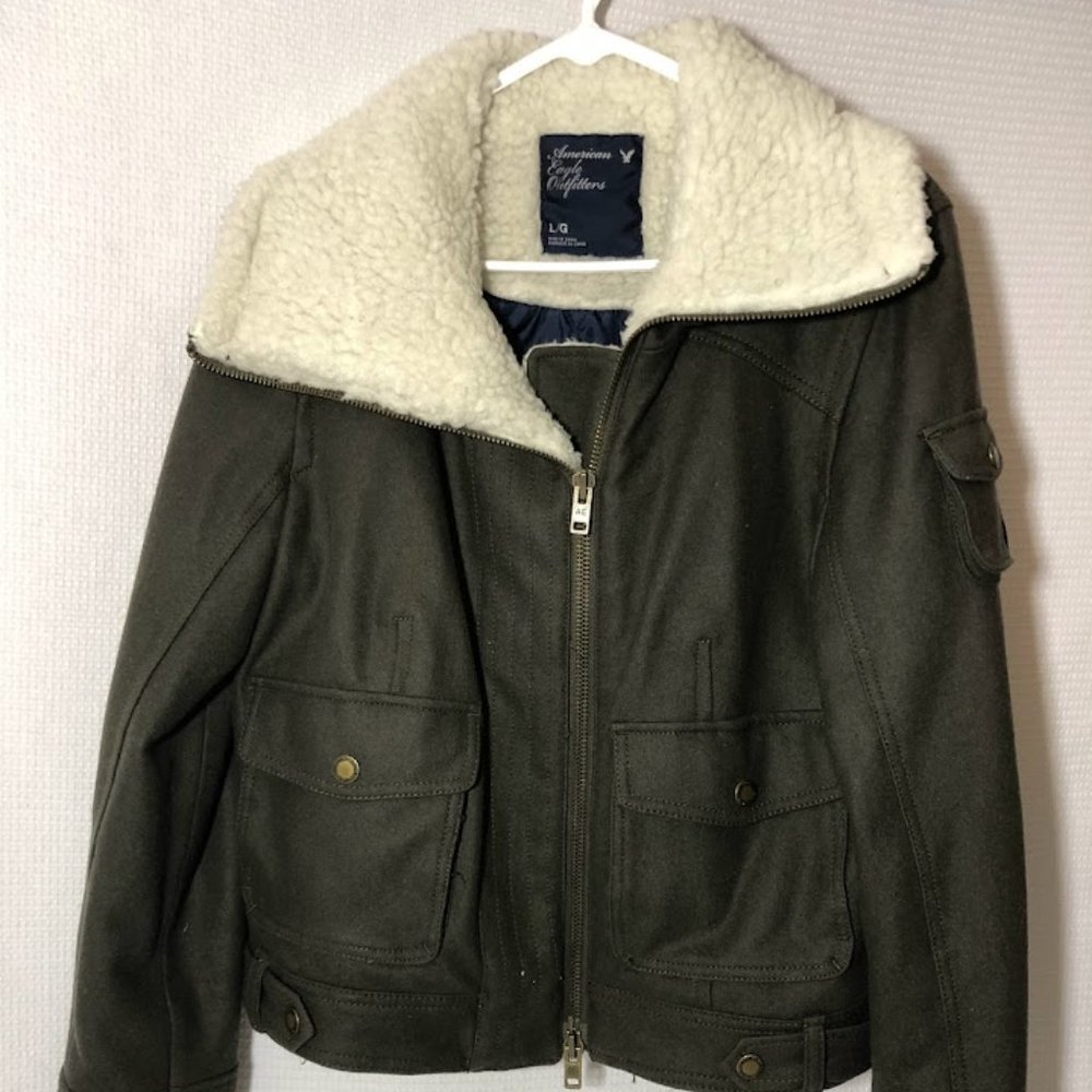 Women's American Eagle Green Wool Coat w/ Fake Fur and Liner